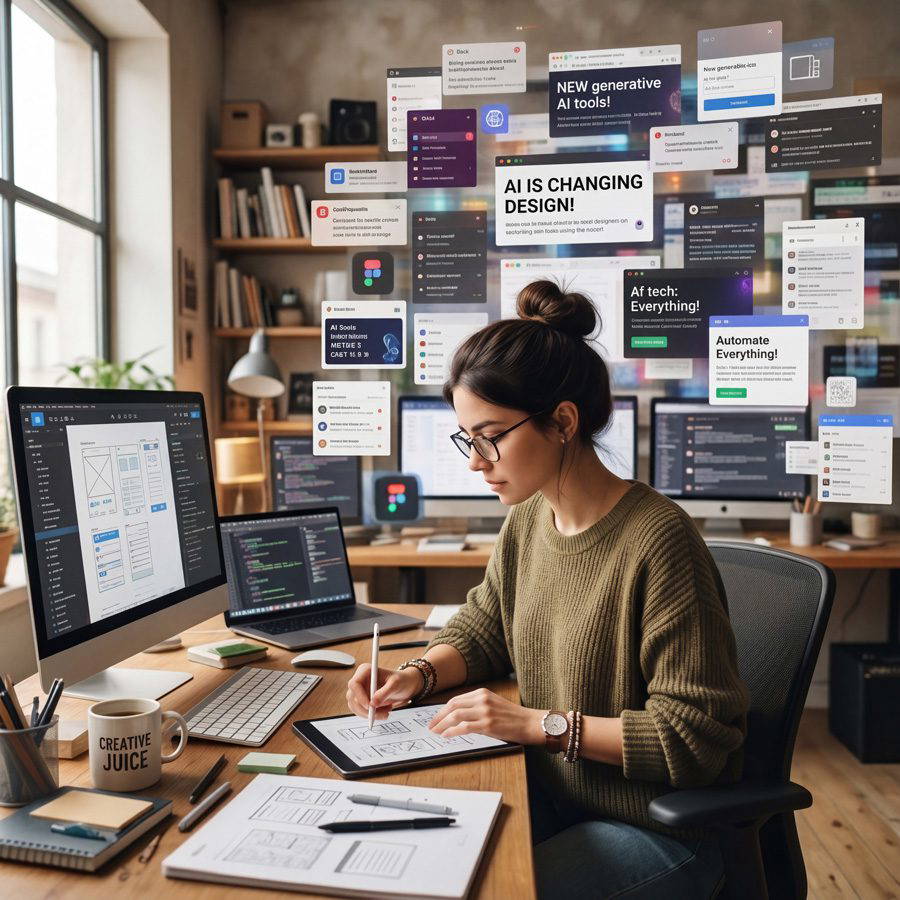 female graphic or web designer working with AI